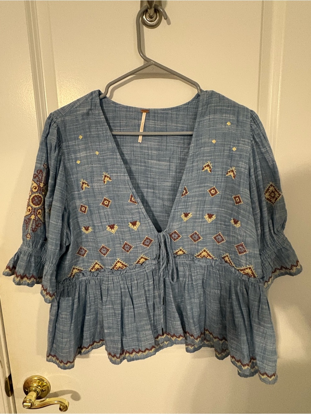 Free People Blue Embroidered V-Neck Peplum Blouse